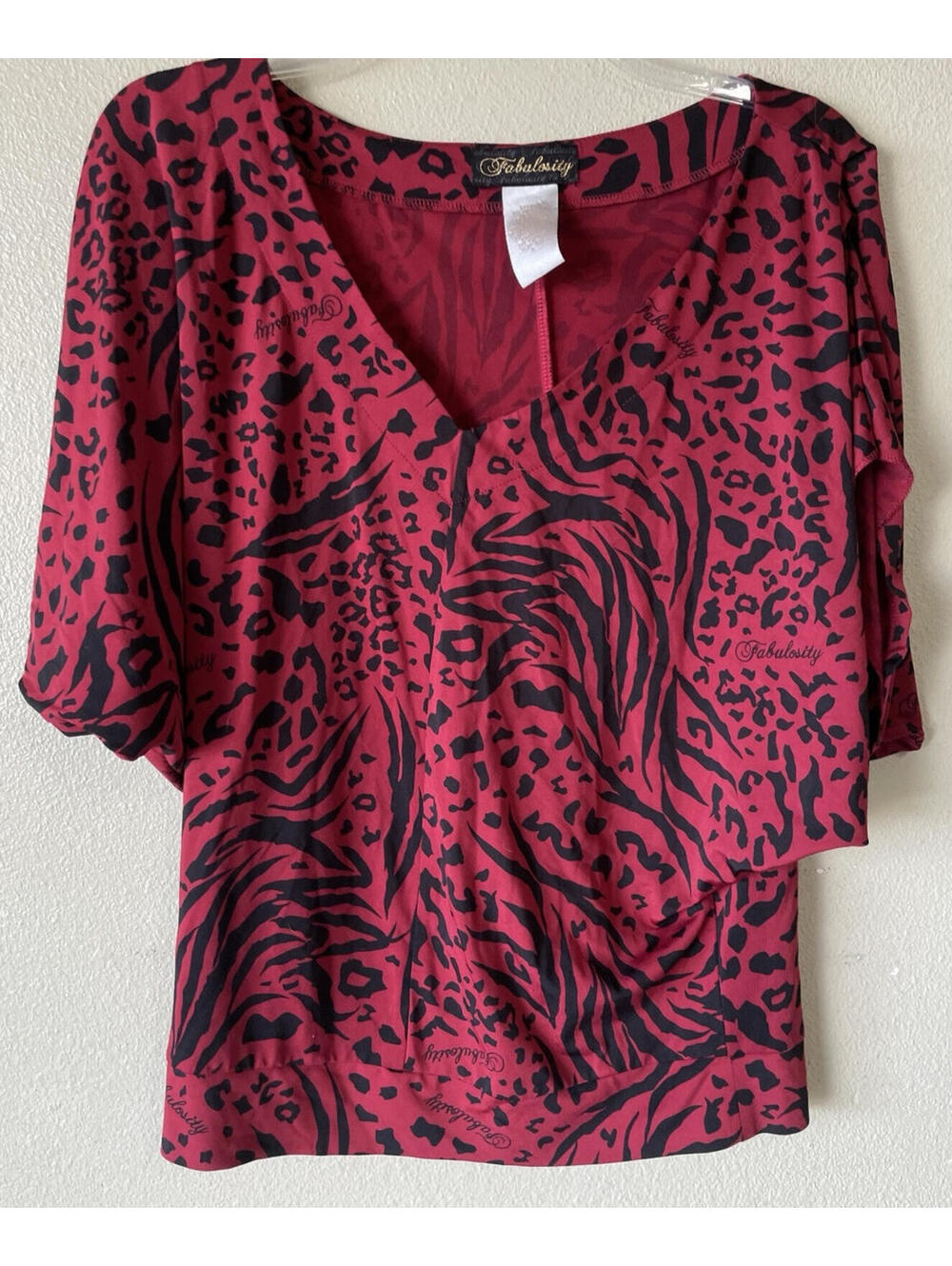 Fabulosity Small Blouse Vintage Stretchy Red Short Sleeve Animal Print